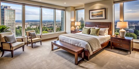 A stylish retreat, this modern bedroom features plush beige carpet, polished cherry wood furniture, and