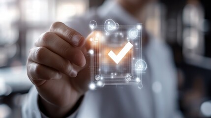 Digital check mark glowing on a touchscreen held by a business professional