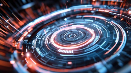Digital tech circle with rotating elements and neon accents on a dark backdrop