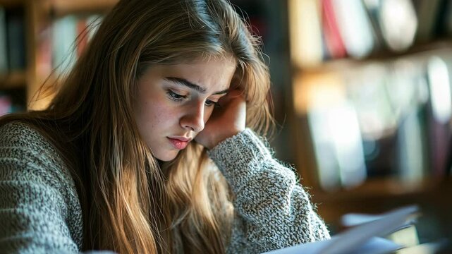 Young student focused on studying in a cozy library during the afternoon, surrounded by books