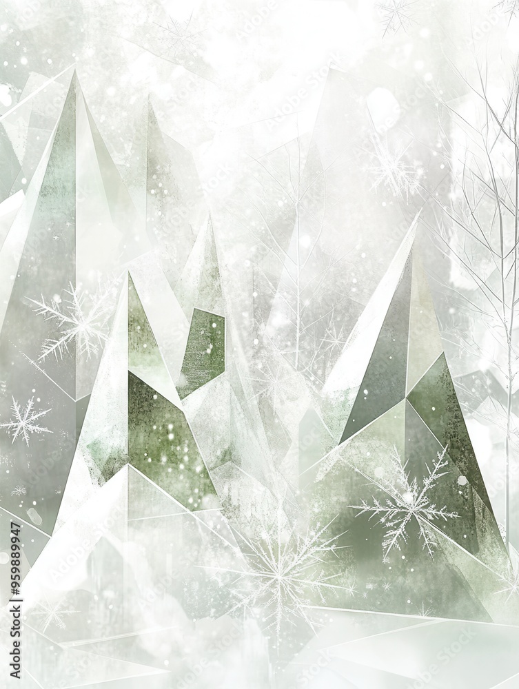 Poster Abstract geometric trees made of triangles stand in a winter forest, blending with the snow and creating a serene atmosphere. Generative AI