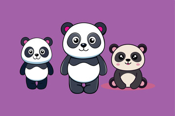 Panda Character Collection: Hand-Drawn Adorable Wild Animal Cartoon Design Sitting and standing Bear