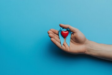 World diabetes day and awareness blue ribbon with red blood drop in man's hand with copy space isolated on blue background. World Diabetes Day is on November 14. generative ai