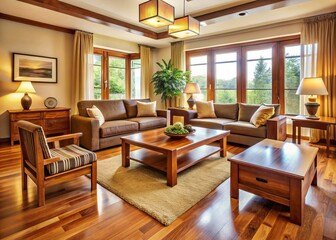 Fototapeta premium A tranquil retreat, this living room boasts solid wood furniture in warm, natural hues that evoke feelings of