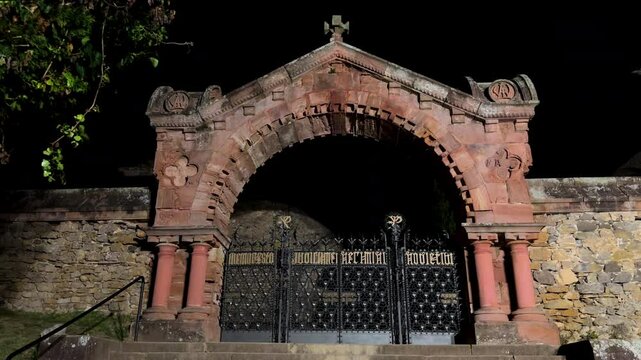 Night view of the famous gothic cemetery of Comillas in Cantabria, Spain. High quality 4k footage