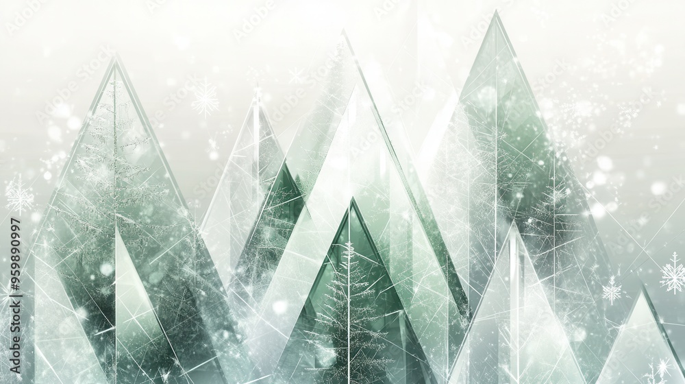 Poster The scene portrays an abstract winter forest with triangular Christmas trees set in a gently frosted atmosphere. Generative AI