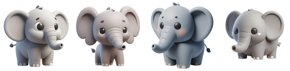 Naklejka premium Set of 3D rendered illustration cartoon elephant isolated on white and Transparent Background 