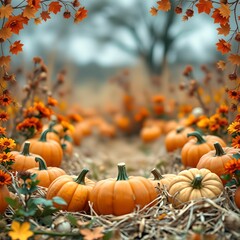 Pumpkin Patch Background with Straw and Autumn Flowers