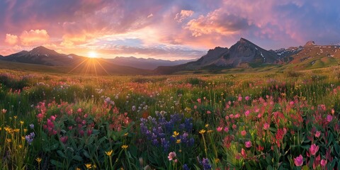 Fototapeta premium Sunrise over a colorful meadow of wildflowers, with majestic mountains in the distance.