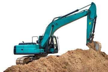 Robust machinery engages in earth excavation, skillfully maneuvering its arm to relocate sandy soil...