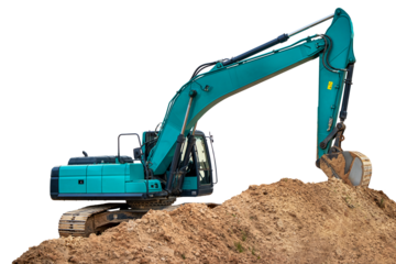 Robust machinery engages in earth excavation, skillfully maneuvering its arm to relocate sandy soil at a bustling construction site.