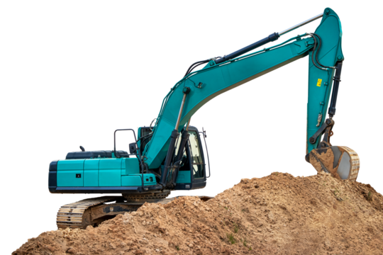 Robust machinery engages in earth excavation, skillfully maneuvering its arm to relocate sandy soil at a bustling construction site.