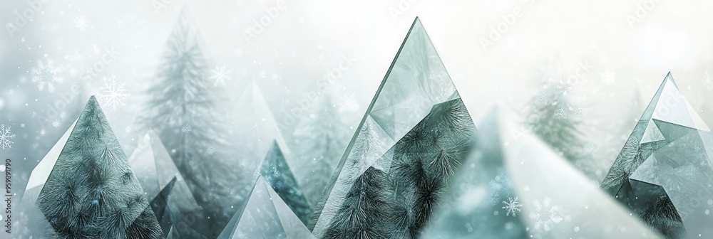 Poster Snowy landscape features Christmas trees represented by abstract triangles of different sizes, creating a unique winter atmosphere. Generative AI