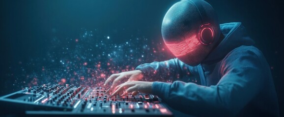 A man is playing a keyboard with a red face mask on