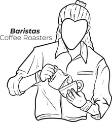 Outline hand drawn coffee barista or bartender man wearing apron standing whipped milk into the coffee mug.