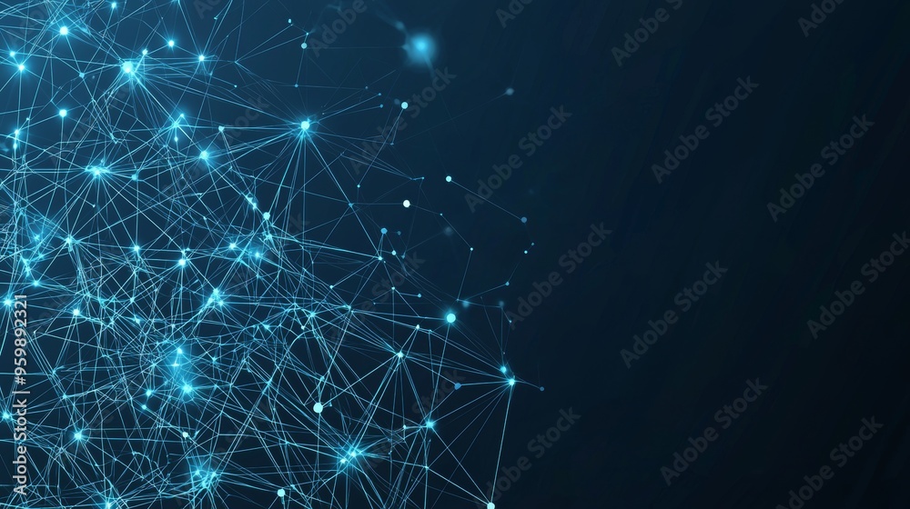 Poster technology background with depth of field. abstract connected dots on blue background. 3d rendering.