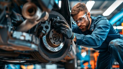 Dedicated Mechanic Carefully Inspecting Brake Pads and Discs for Optimal Vehicle Performance
