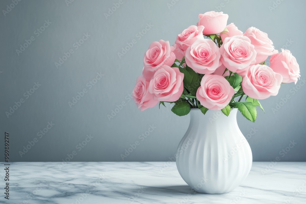 Sticker beautiful pink roses in a white vase on a marble table against an empty wall background