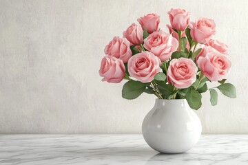 Fototapeta premium Beautiful pink roses in a white vase on a marble table against an empty wall background