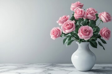Fototapeta premium Beautiful pink roses in a white vase on a marble table against an empty wall background