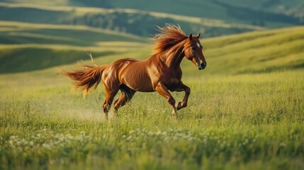 Obraz premium Majestic Chestnut Horse Galloping Through Lush Meadow