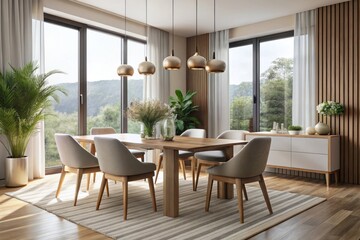 Bright and airy, this modern dining room showcases sleek furniture, walls of windows, and a large glass door,