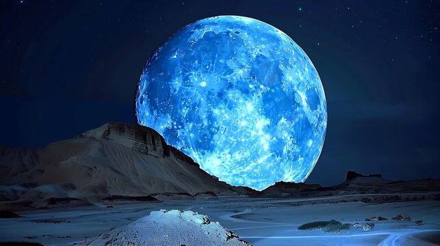 Majestic Rare Occurrence of a blue moon rising above a mountain casting an enchanting light over the rugged terrain
