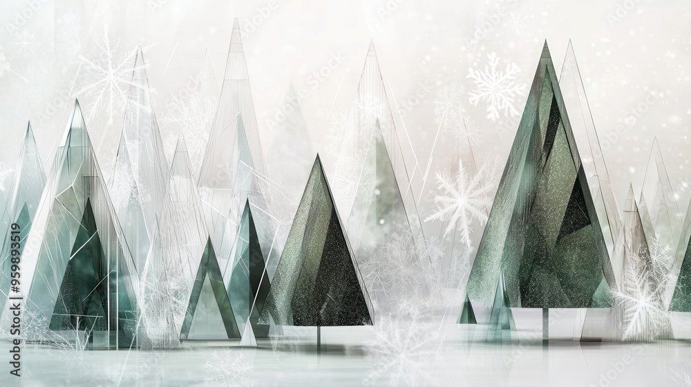 Poster a peaceful winter scene showcases abstract geometric christmas trees in varying sizes, enhancing the