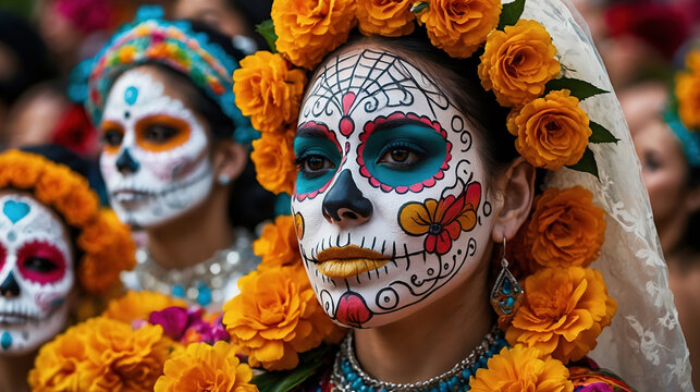Mujeres con maquillaje de Catrina celebrando el D&iacute;a de Muertos con flores y detalles tradicionales