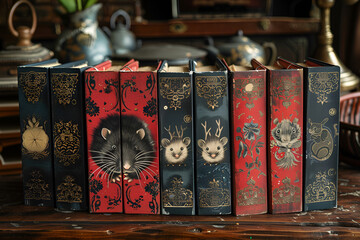 A close-up view of a collection of vintage books arranged on a rustic wooden surface. 