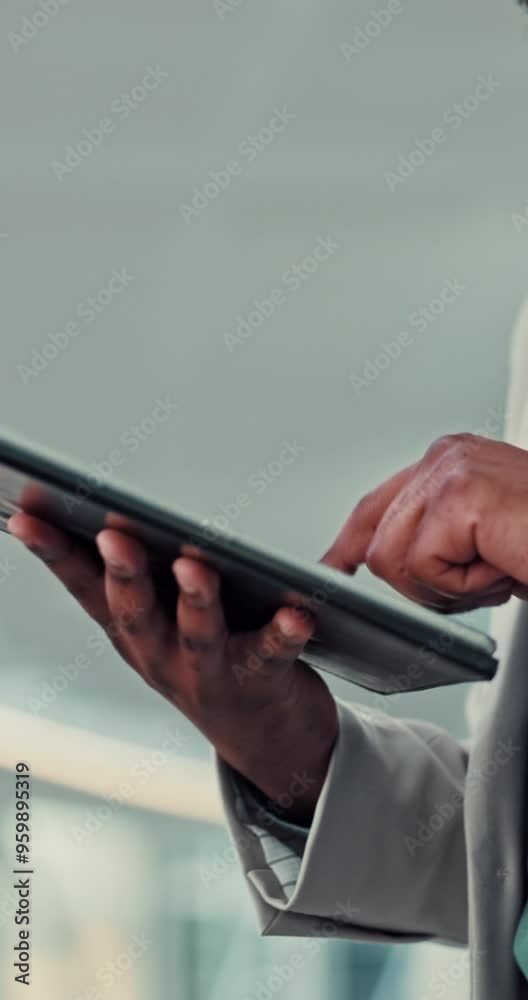 Poster tablet, search and hand of business person for technology, productivity report or communication mana