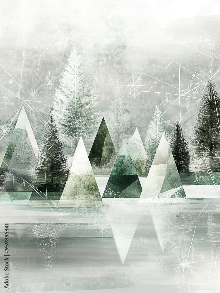 Poster a winter wonderland adorned with christmas trees made of geometric shapes, creating a tranquil and a