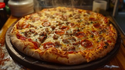 A fully baked pizza with cheese, pepperoni, sausage, tomato, green pepper, and onion sits on a wooden plate on a table with drinks, spoon, bowl, and knife, creating a casual dining vibe.