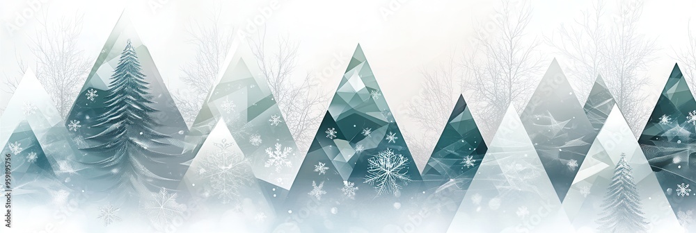 Sticker Abstract geometric shapes create a winter wonderland featuring Christmas trees of different sizes in a serene forest setting. Generative AI