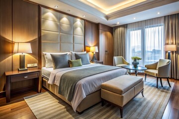 Obraz premium Clean lines and minimalist aesthetic define the space, with a double bed centered against the wall, paired with