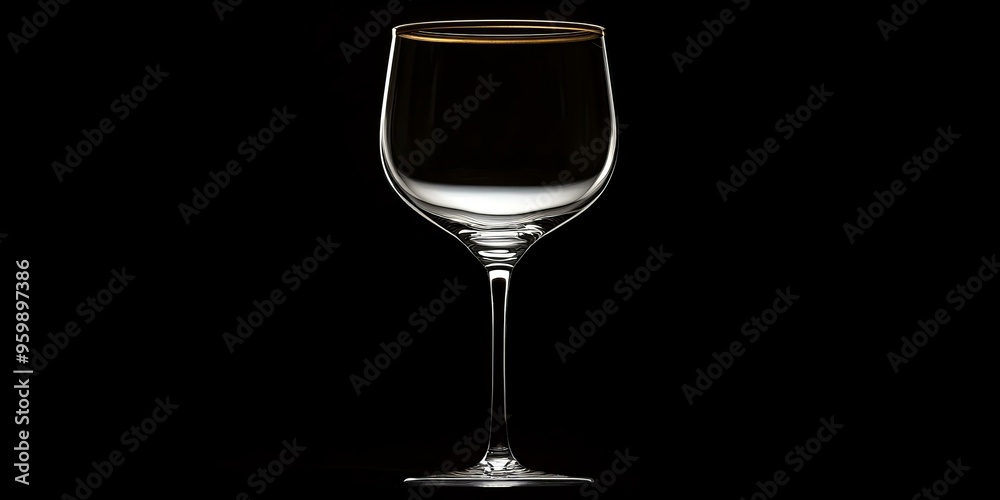 Poster empty wine glass with gold rim on black background.