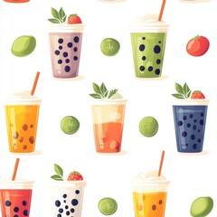 Colorful Bubble Tea Drinks with Toppings and Fruits Seamless Pattern