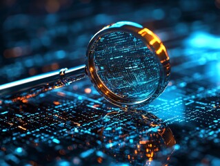A 3D magnifying glass highlighting key data points in a floating digital grid, symbolizing targeted searches