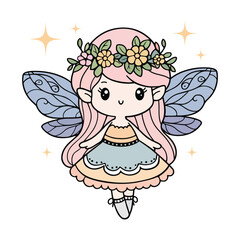 Adorable Fairy Princess with Floral Crown Charming Kawaii Cartoon Vector Illustration
