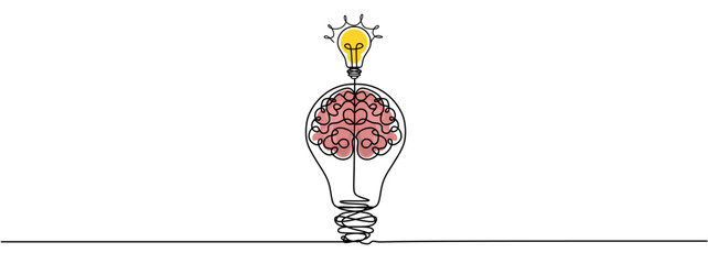 Single continuous line drawing of light bulb with human brain. Creative brain Idea concept with light bulb and brain