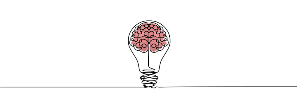 Single continuous line drawing of light bulb with human brain. Creative brain Idea concept with light bulb and brain