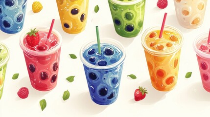 Colorful Bubble Tea Drinks with Fruit and Green Leaves