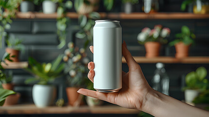 a person's hand holding a white can of drink