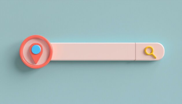 A creative and modern location search bar design featuring a map pin and magnifying glass on a soft pastel background.