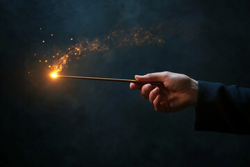 Magician hand holding magic wand on dark background