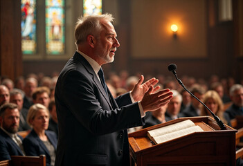 Preacher delivering a Gospel message passionately from the pulpit in a warm church setting.