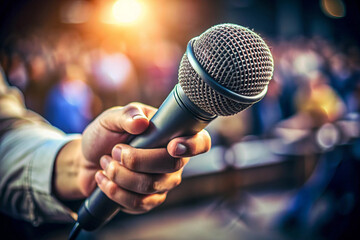Hand holding microphone.