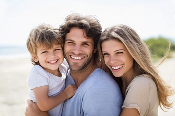 Fototapeta premium Happy family enjoying a sunny day at the beach with their smiling son