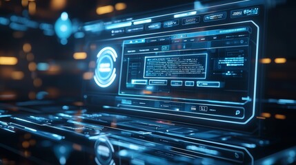 A 3D search engine interface with floating holographic search bars, representing futuristic web browsing