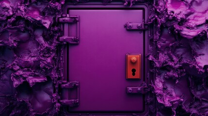 A bold, vibrant purple safe door surrounded by rough, organic textures, featuring a small red lock. The image presents a strong contrast between industrial security and organic elements.